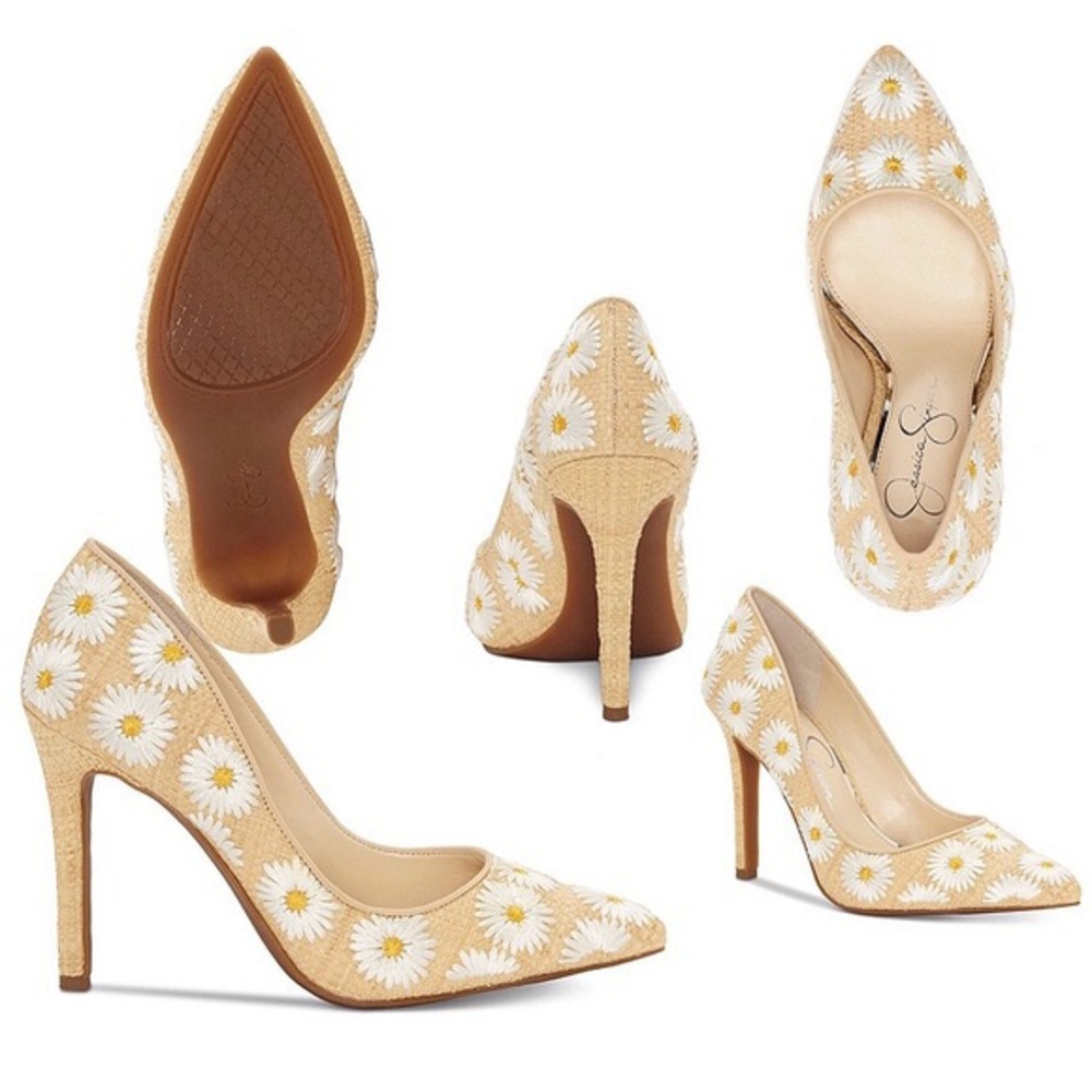 Jessica Simpson White Combo Daisy Flowered Heels Closed Toe.
